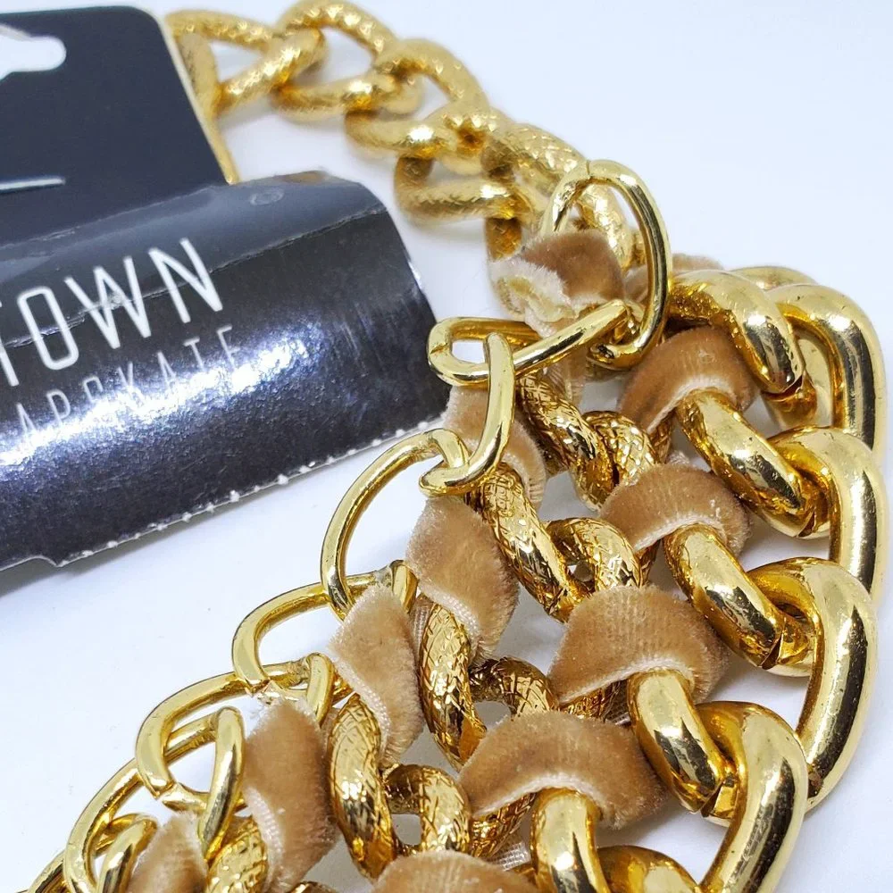 NWT Wide Gold Chain Choker Statement Collar Necklace with Velvet Ribbon Wrap